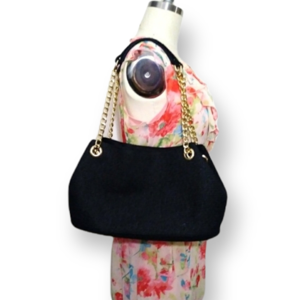 Black Straw Bag with Adjustable Gold Chain